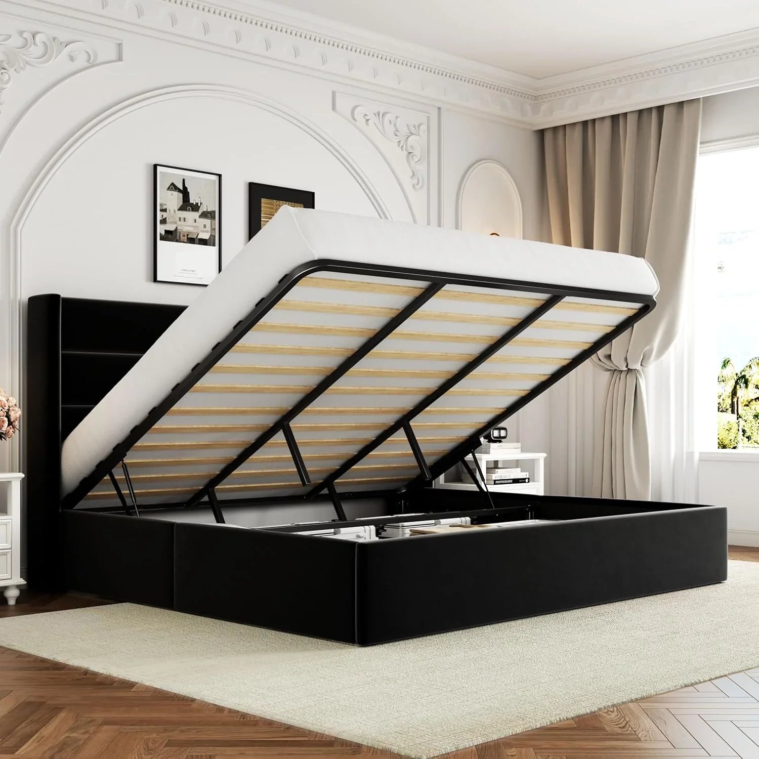 Lit queen-size relevable avec rangement Allewie, tête de lit à oreilles moderne et support hydraulique