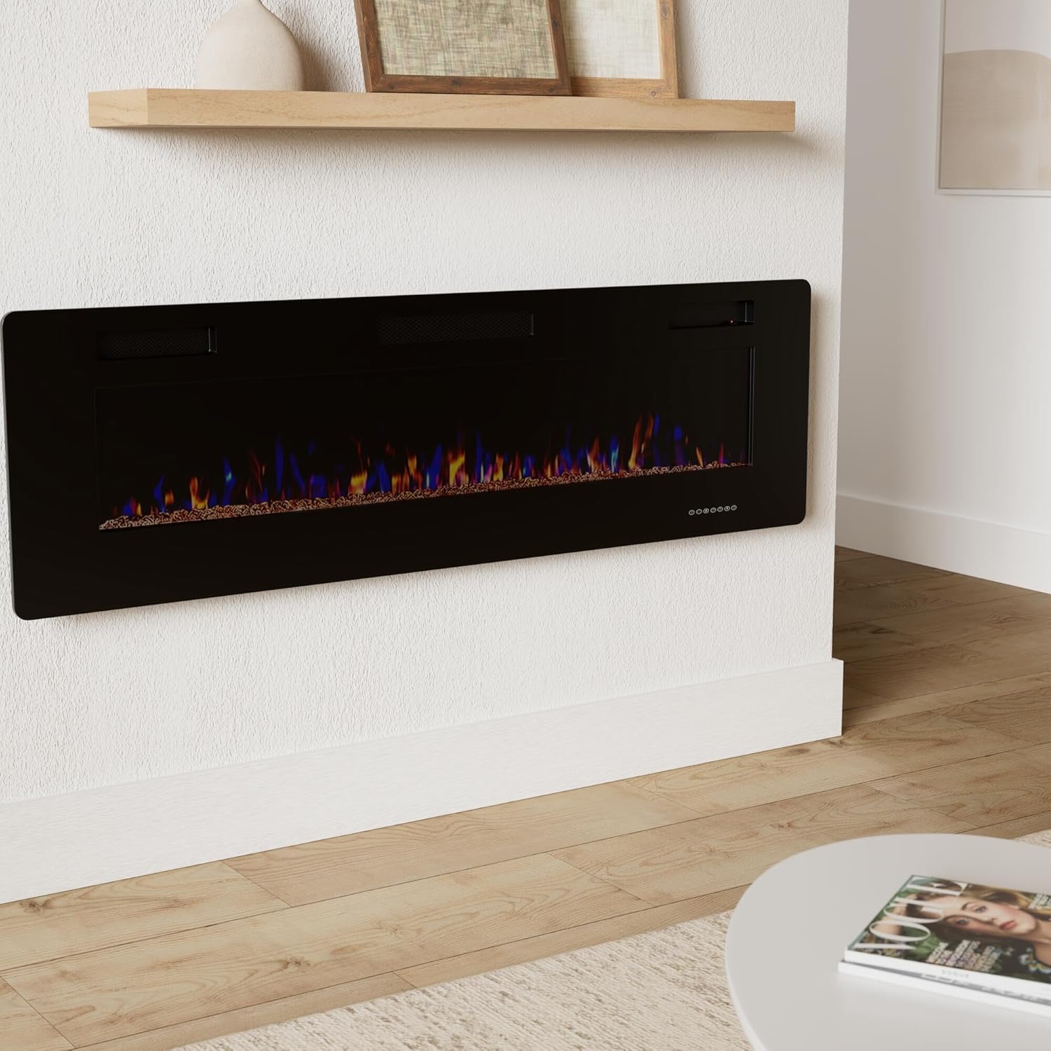 Cheminée électrique encastrée et murale R.W.FLAME 60 po, silencieuse, compatible avec les montants de 2 x 6 po, télécommande avec minuterie, écran tactile, couleur et vitesse de flamme réglables, 750-1500 W