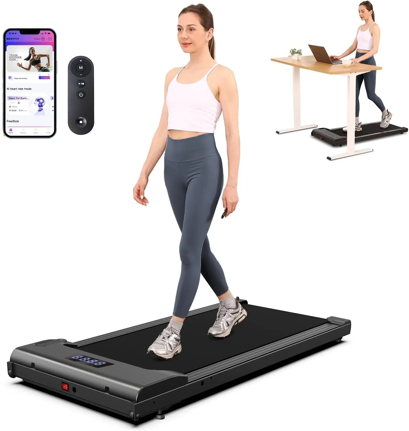 Tapis de course Lichico Walking Pad sous le bureau, tapis de course électrique sans balais ultra-silencieux pour la marche et le jogging avec télécommande