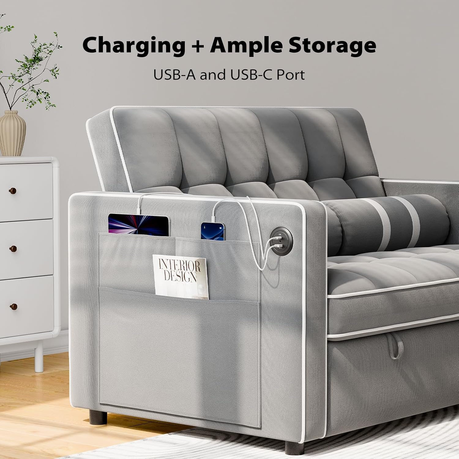 Canapé-lit convertible 3 en 1 Pipishell, canapé-lit gigogne de salon avec port USB et poches latérales