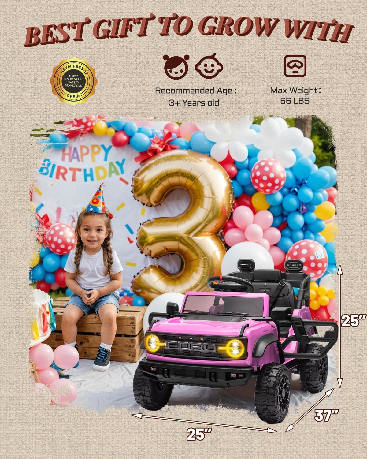 Camion rose pour enfants – Voiture électrique à piles