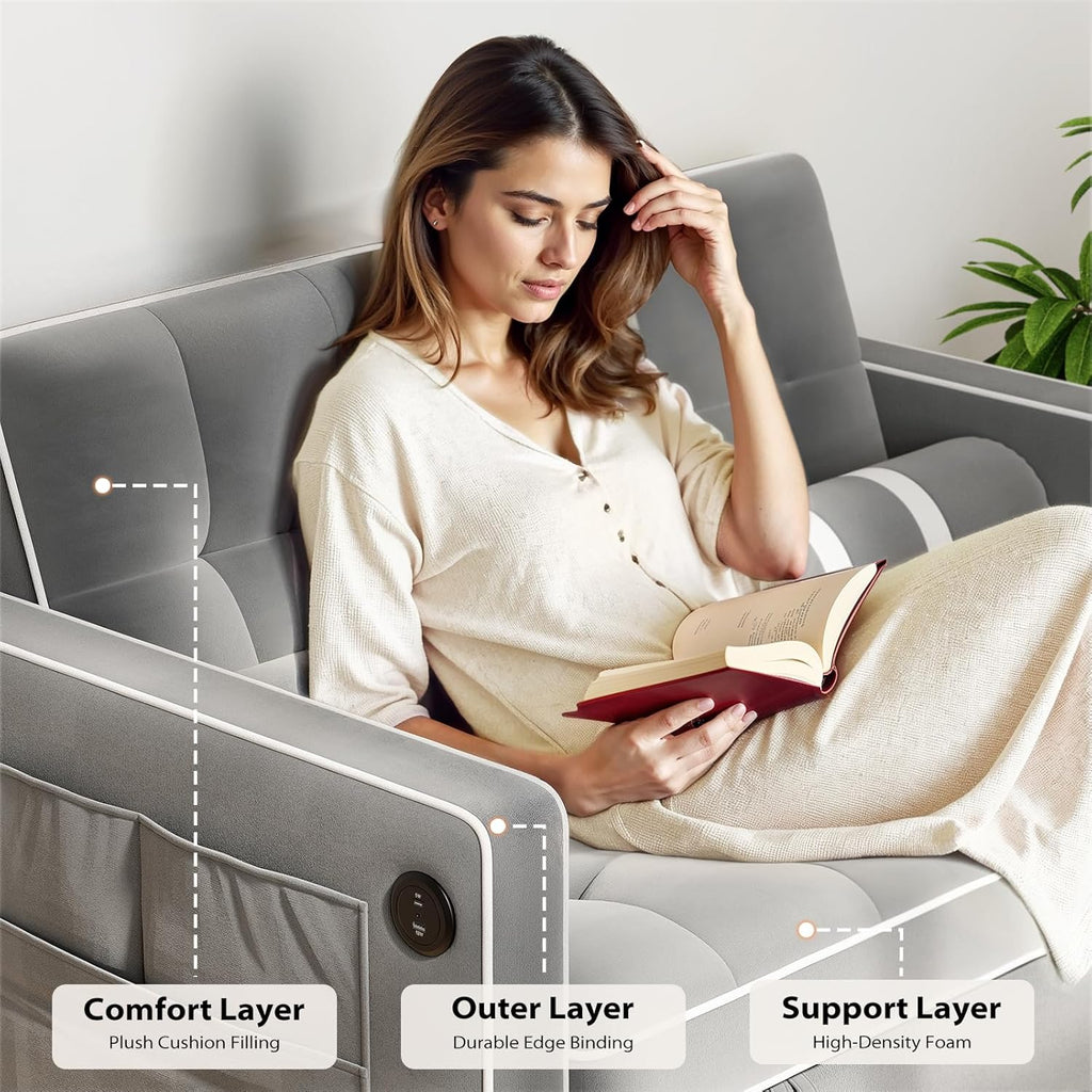 Canapé-lit convertible 3 en 1 Pipishell, canapé-lit gigogne de salon avec port USB et poches latérales