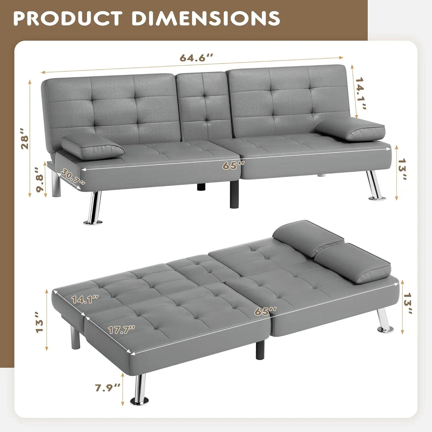 Canapé-lit futon Homall, canapé-lit futon en cuir avec accoudoirs amovibles, canapé-lit inclinable réglable avec deux porte-gobelets pour salon et appartement