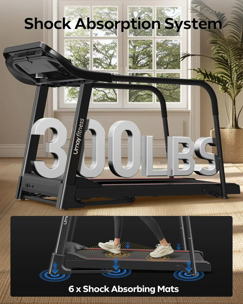 Tapis de course pliable et inclinable UMAY avec capteur de fréquence cardiaque et faible bruit