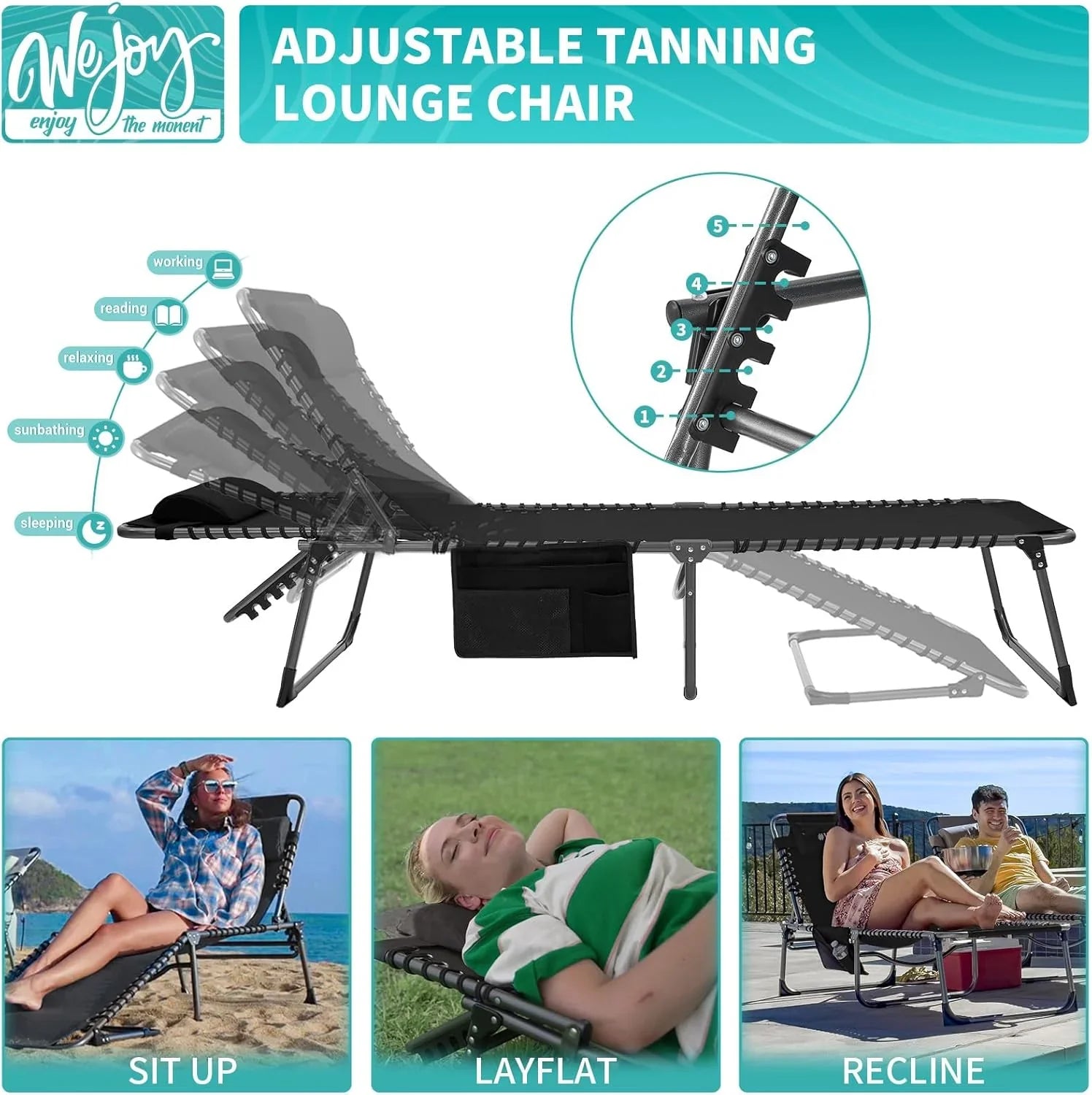 Lot de 2 chaises longues d'extérieur - Chaise longue pliante portable pour patio, piscine, camping, inclinable et réglable sur 5 positions