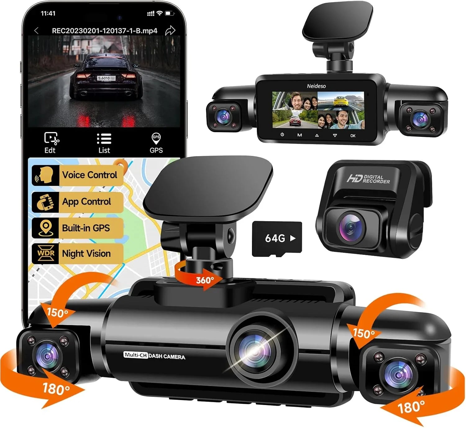 360° 4-kanaals FHD-dashcam (4 x 1080p), wifi, GPS, spraakbediening, 2K + 1080p dashcam aan de voorzijde (x2), met 64GB SD-kaart, nachtzicht, 24/7 parkeermodus 