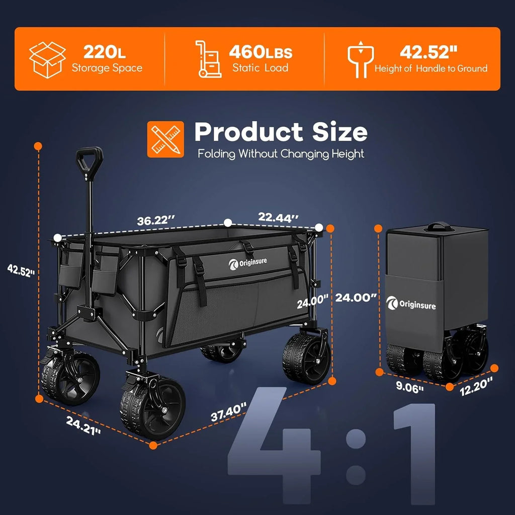Poussette pliable à quatre roues de 96 cm de long, pliable, capacité de 200 kg, poussette de plage pliable robuste de 220 litres avec de grands pneus tout-terrain