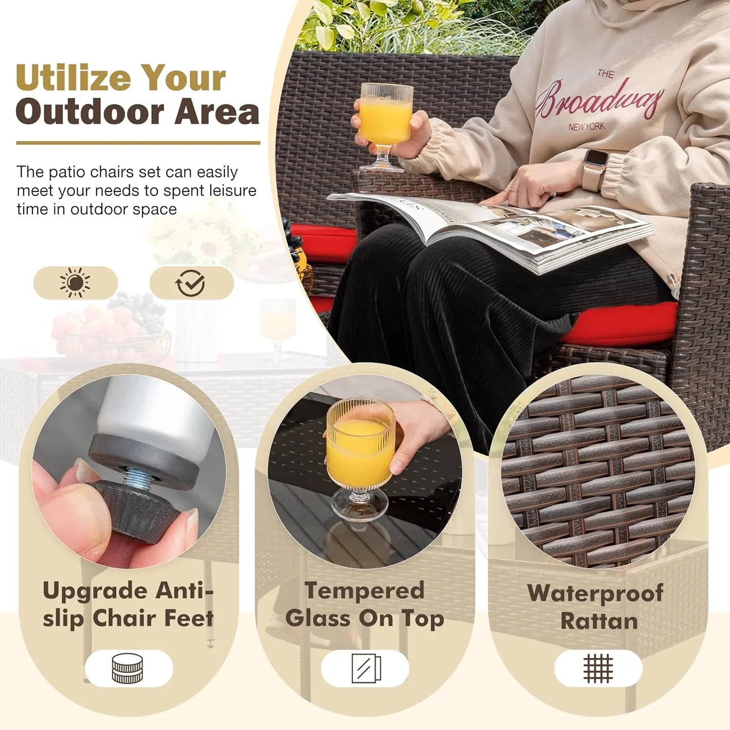 Ensemble de meubles de patio extérieur 4 pièces, ensemble de chaises en rotin et osier