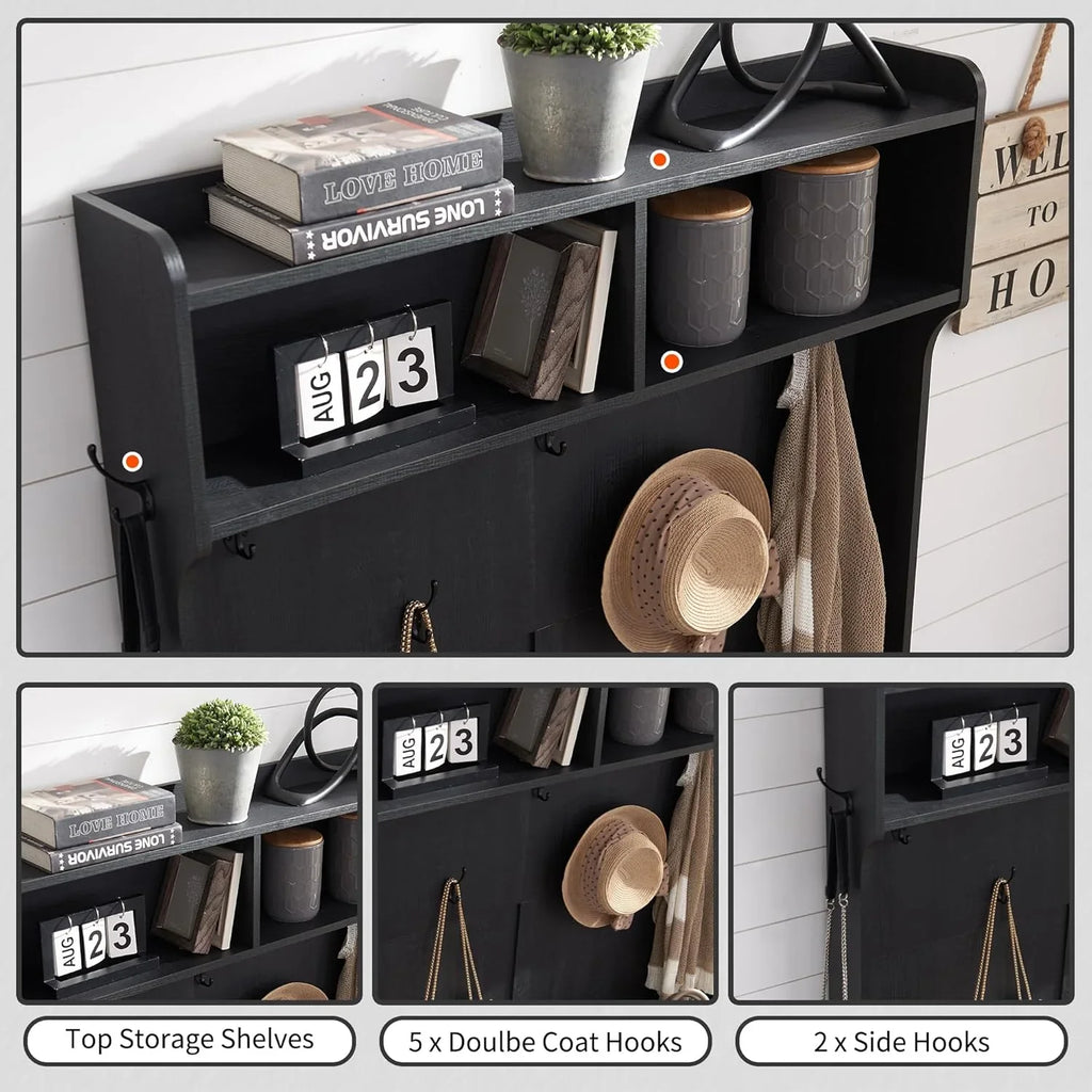 JXQTLINGMU Arbre de foyer de ferme de 59 pouces avec rangement pour chaussures, banc d'entrée, porte-manteau, armoire