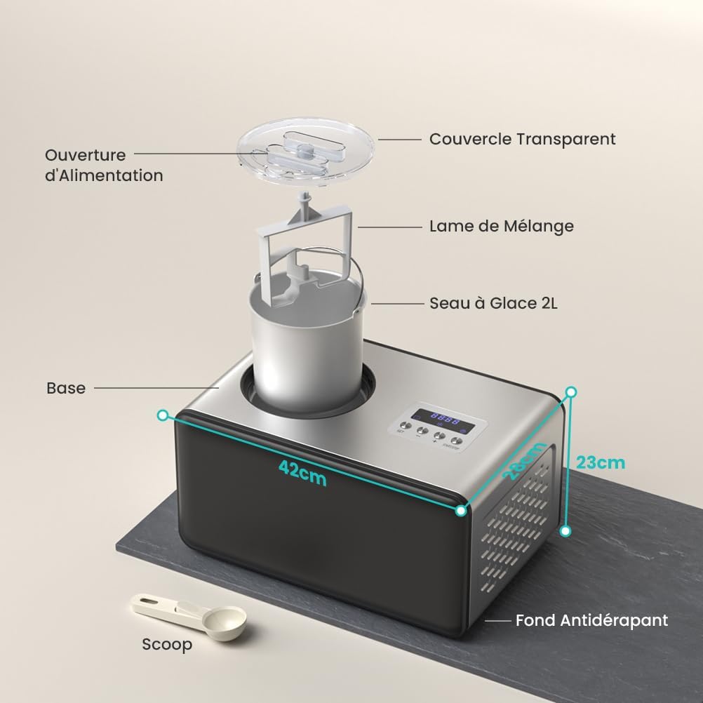 Sorbetiere Turbine a Glace avec Compresseur 2L, Sorbetière Electrique pas de Pré-congélation, Automatique Machine à Glace, LCD Préparation, Livre de recettes, pour Faire Sorbets/Crème Glacée/Gelato