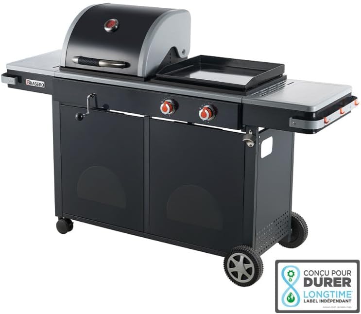 BRASERO - Bi-Energy L Barbecue Houtskoolbarbecue 49 x 42 cm en Gasgrill 48 x 42 cm - 2 Gasbranders - 7,2 kW - Zwart 