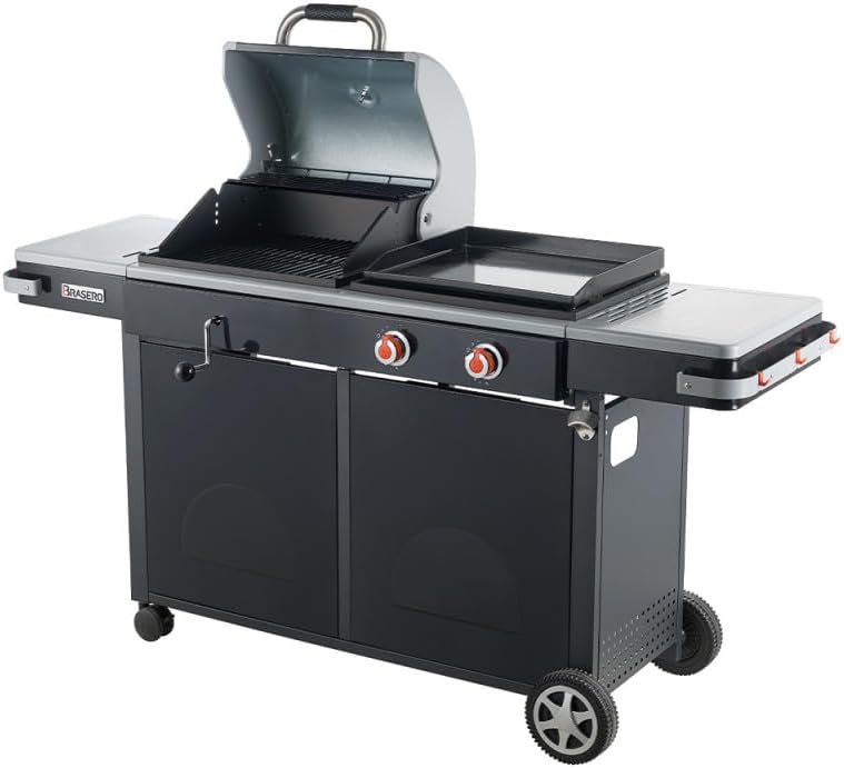 BRASERO - Bi-Energy L Barbecue Houtskoolbarbecue 49 x 42 cm en Gasgrill 48 x 42 cm - 2 Gasbranders - 7,2 kW - Zwart 