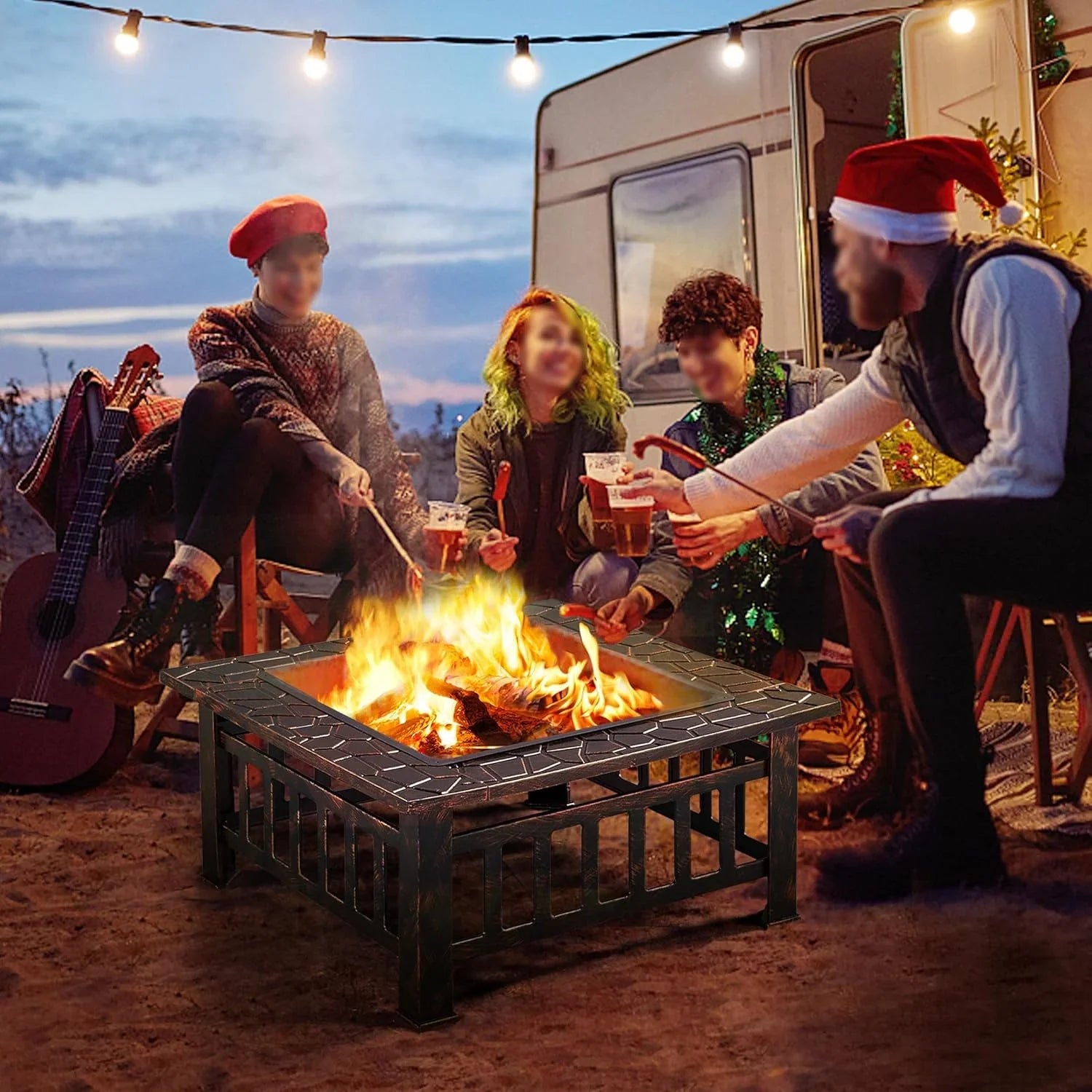 Yaheetech Table de foyer multifonctionnelle 32 pouces carré en métal foyer poêle arrière-cour patio jardin cheminée pour camping, chauffage extérieur, feu de joie et pique-nique