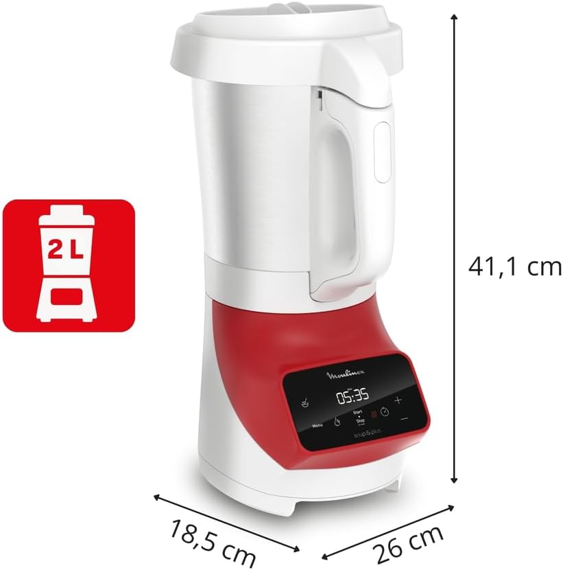 Moulinex blender, soepmaker, 1100 W, 2 liter kom, roestvrijstalen messen, 3 automatische programma's, handmatige modus, perfect mixen, soepen, smoothies, gemaakt in Frankrijk, Soup&amp;Plus LM924500 