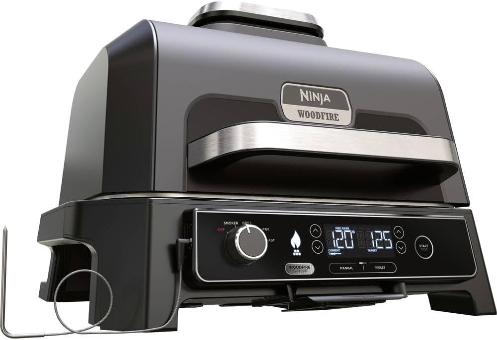 Barbecue et fumoir électrique Ninja Woodfire Pro Connect XL avec contrôle d'application, 2 sondes, grille, couvercle, doublures et brosse, gril et friteuse sans huile 7 en 1