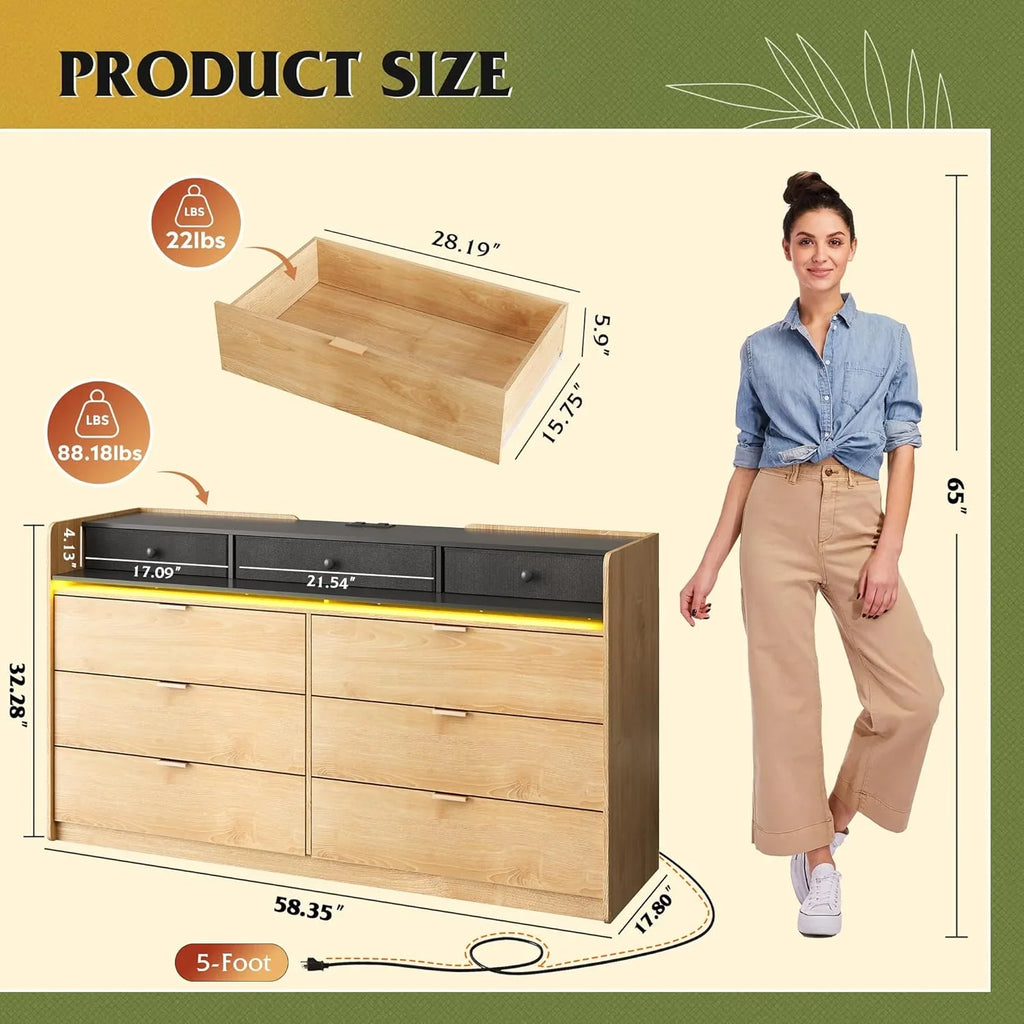 Commode LED à 9 tiroirs pour chambre à coucher, 148 cm de large, organiseur de rangement en bois avec prise électrique