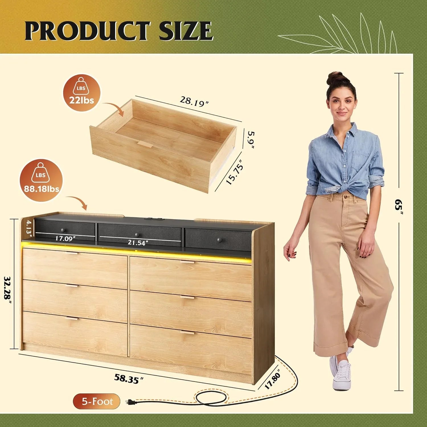 Commode LED à 9 tiroirs pour chambre à coucher, 148 cm de large, organiseur de rangement en bois avec prise électrique