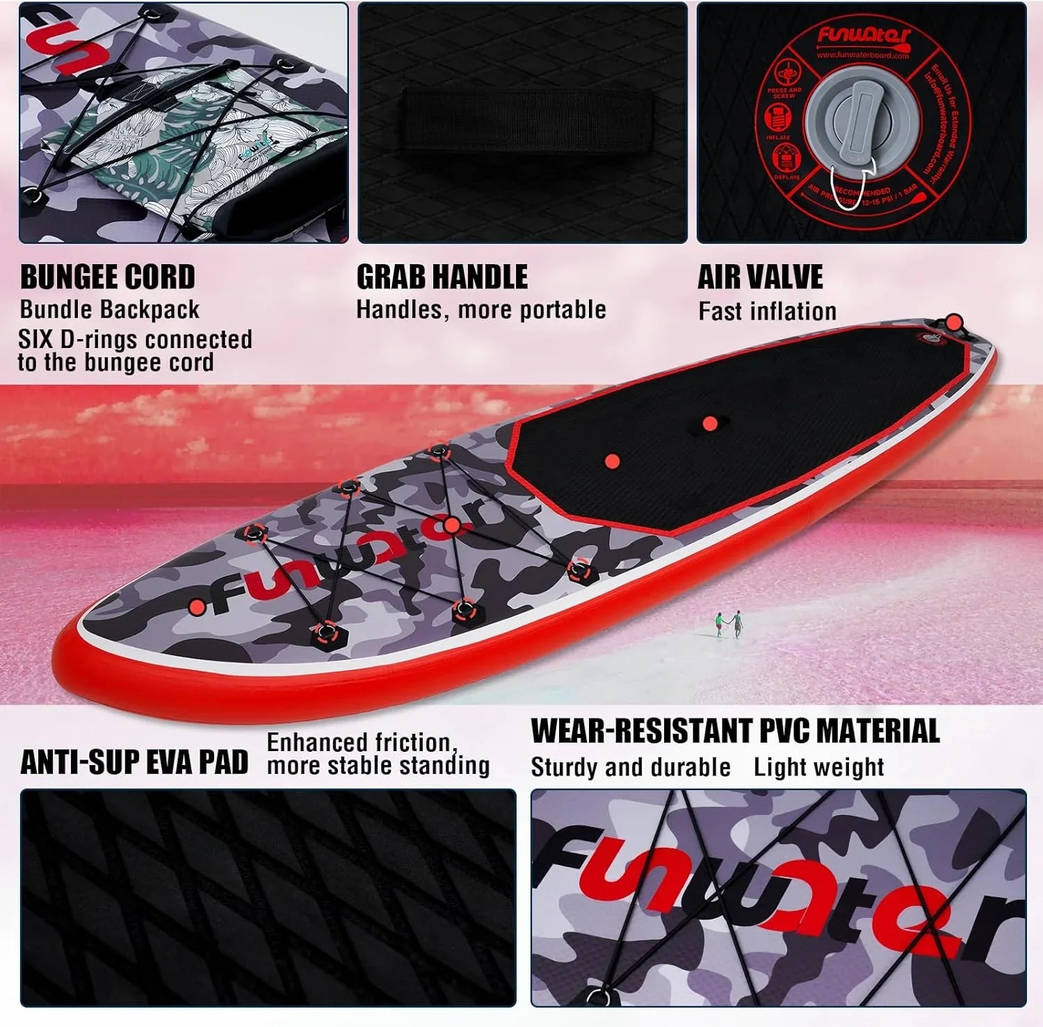 Planche de stand up paddle gonflable FunWater avec accessoires de pagaie SUP haut de gamme, pont EVA antidérapant, pagaie 11'/10'6'