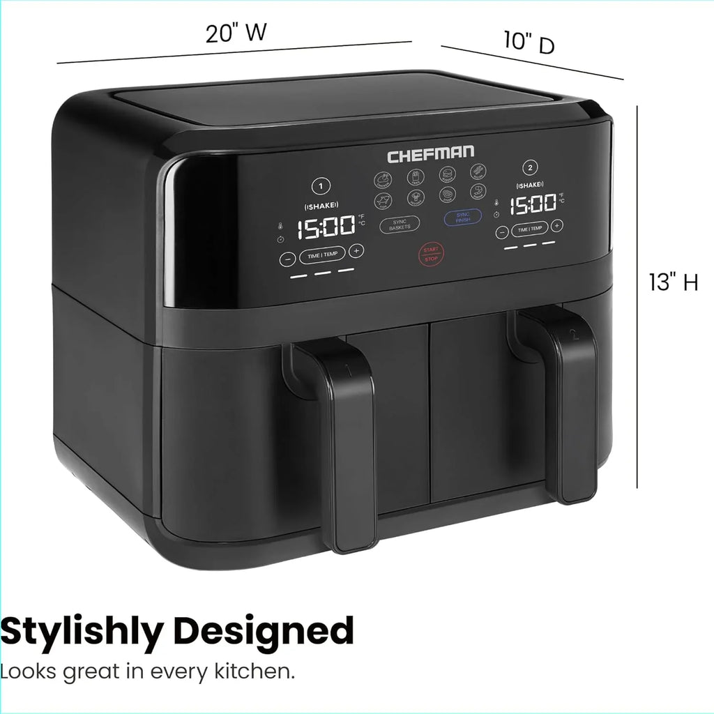 Friteuse à air double panier Chefman 6 pintes - Écran tactile numérique, finition Smart Sync, friture haute température, arrêt automatique, 2 poêles antiadhésives indépendantes de 3 pintes, paniers lavables au lave-vaisselle