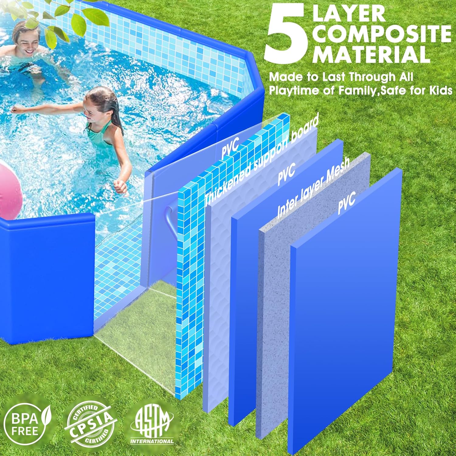 Piscine pliable, grande piscine non gonflable pour enfants, piscine pliable pour adultes, coque en plastique dur, extra large, épaisse, piscine pliable portable pour enfants