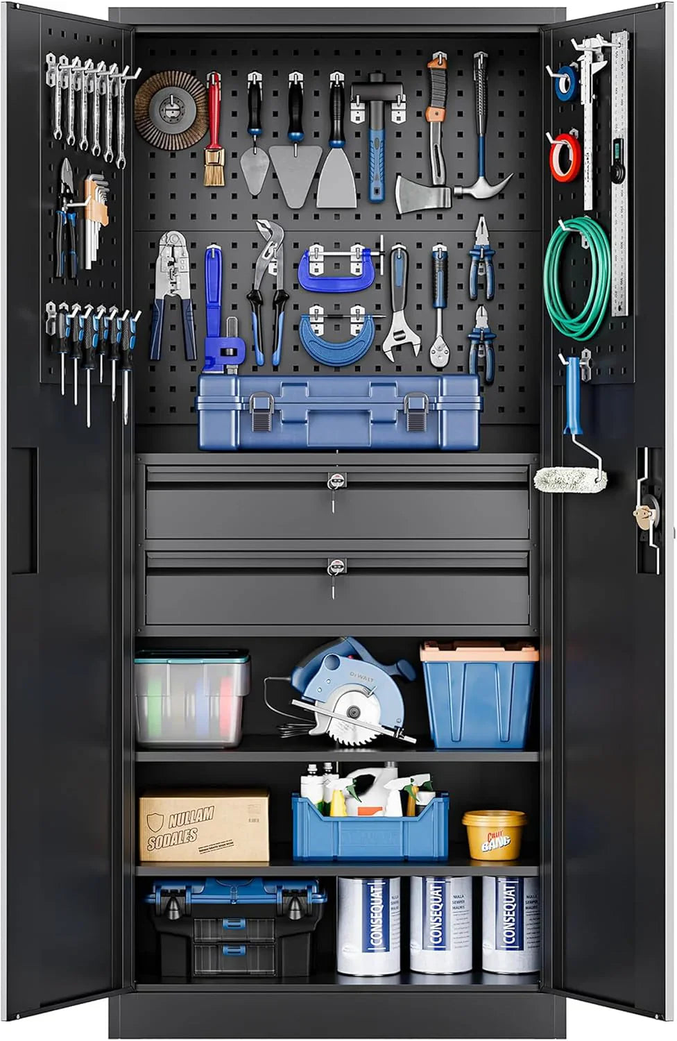 Armoire de rangement de garage en métal Yizosh avec portes verrouillables et 2 tiroirs, armoire à outils robuste en acier avec panneau perforé, 71" - Armoires verrouillables