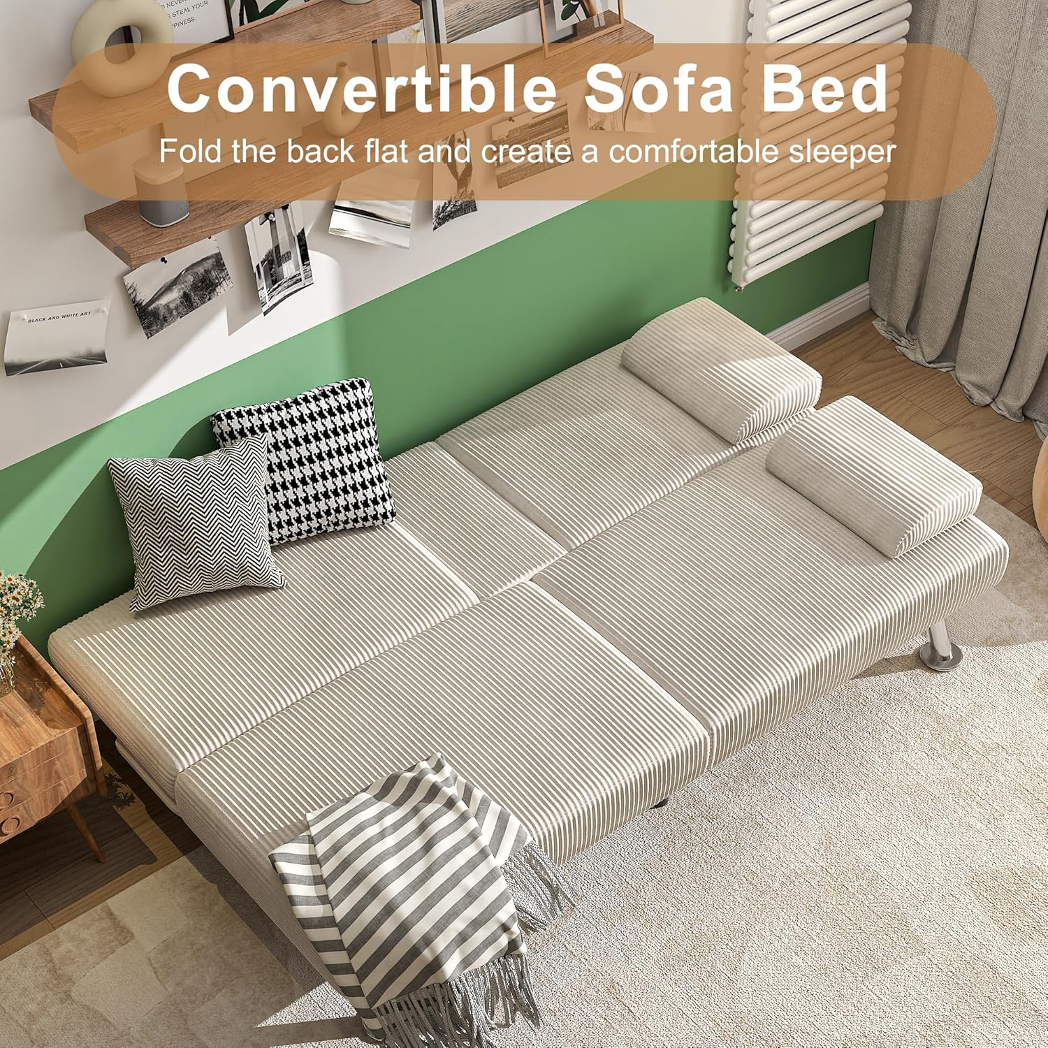 Canapé-lit futon convertible et pliable en lin moderne Shahoo avec accoudoirs amovibles, pieds en métal et 2 porte-gobelets pour le salon