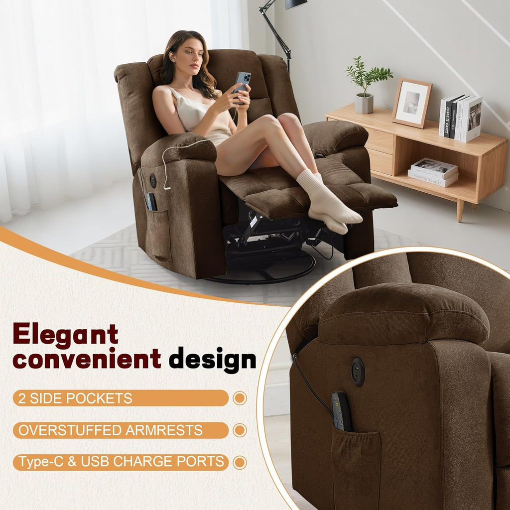 Fauteuil à bascule pour adulte, fauteuil inclinable coulissant, fauteuil à bascule rotatif à 360° avec fonction massage et chauffage