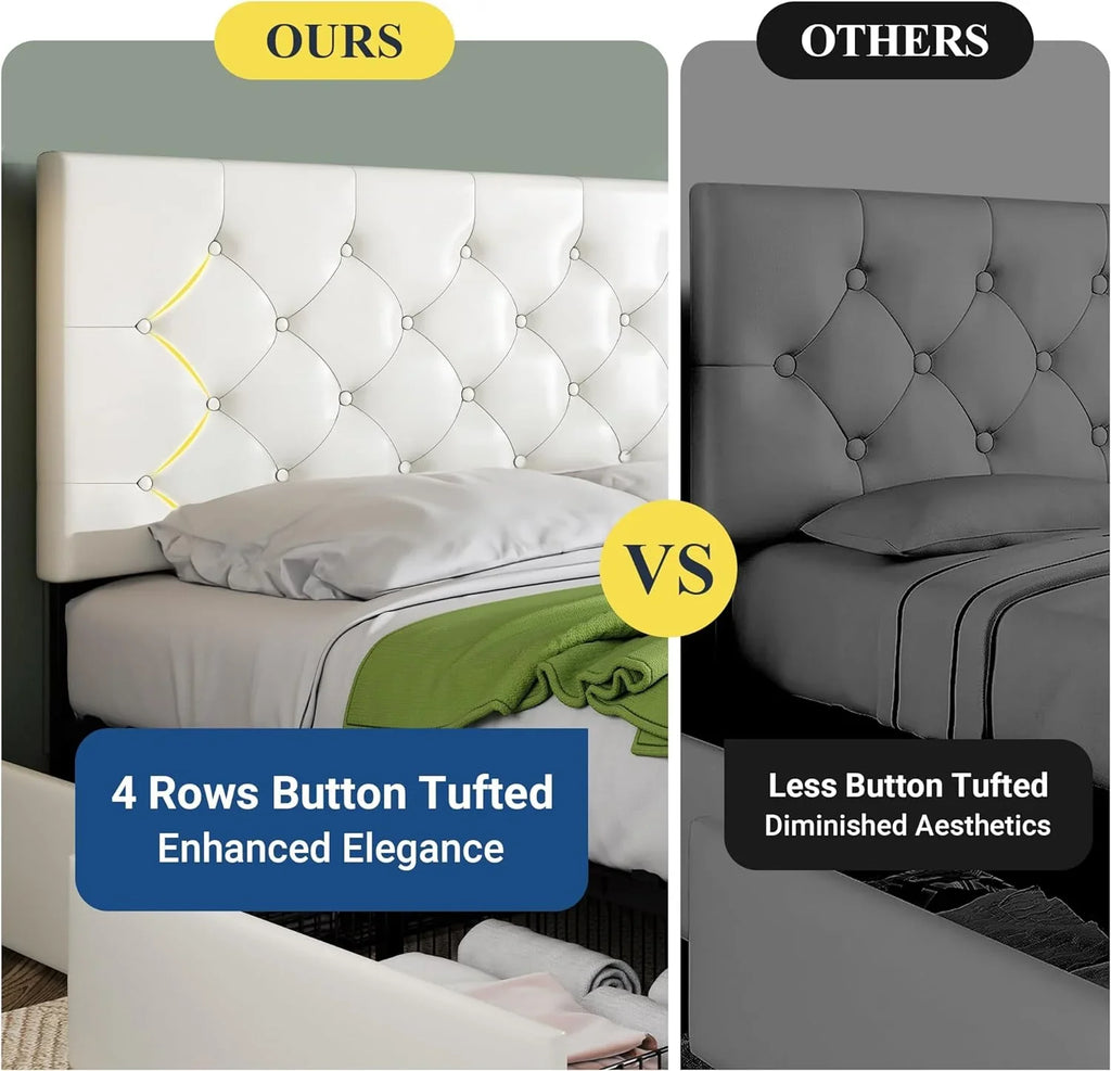 Cadre de lit plateforme Allewie rembourré Queen Size avec 4 tiroirs de rangement et tête de lit, capitonné à boutons à coutures carrées, sommier à lattes en bois, pas besoin de sommier.