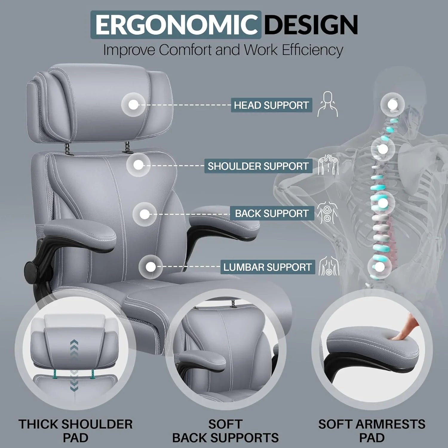 Chaise de bureau pivotante à pieds hauts, en cuir respirant, avec support lombaire