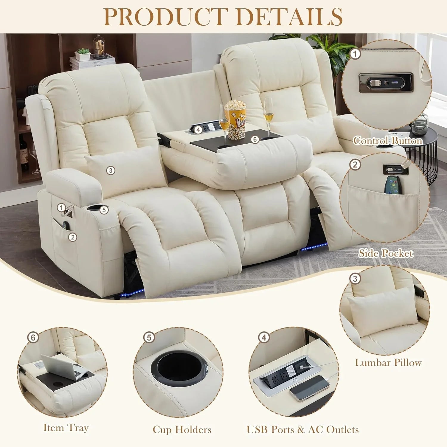 Canapé inclinable électrique TUNYI avec fonctions massage et chauffage, siège home cinéma avec console, canapé inclinable électrique pour camping-car