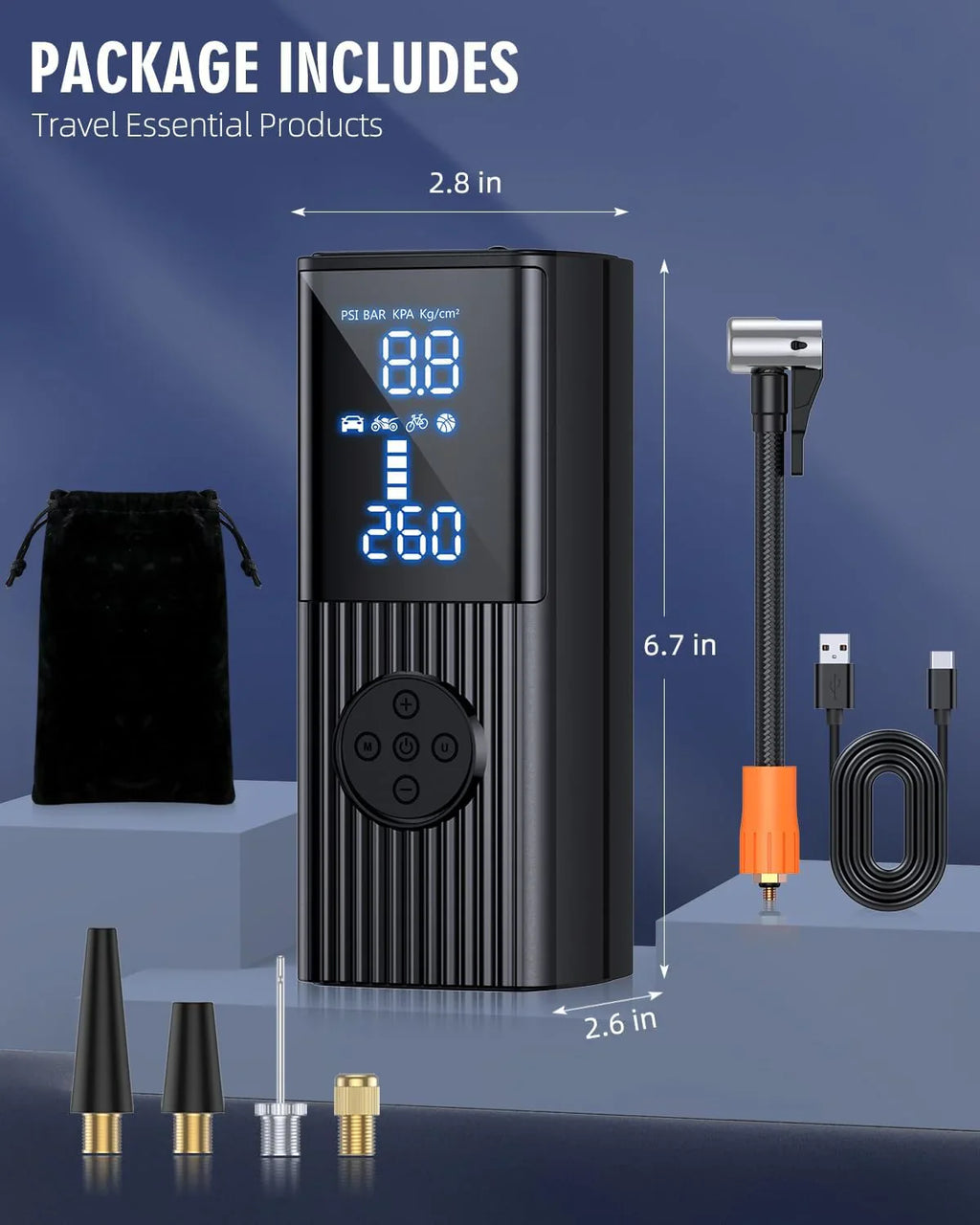 Draagbare luchtcompressor van 180 PSI met LED-verlichting, 25.000 mAh, 3 keer sneller oppompen voor auto, fiets, motor, bal, enz. 