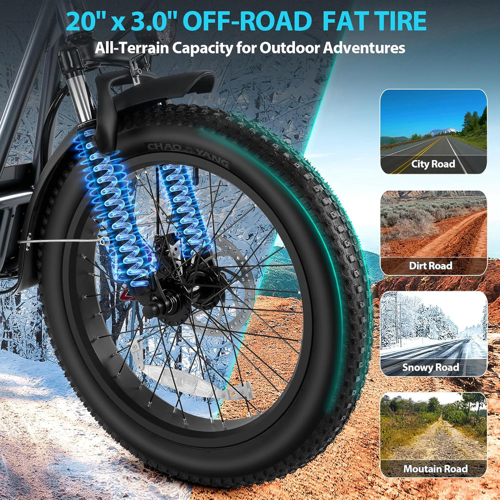 Trottinette électrique pliable Caroma Peak 800 W pour adulte avec pneus de 20 pouces de large, batterie 48 V, panier et siège réglable.