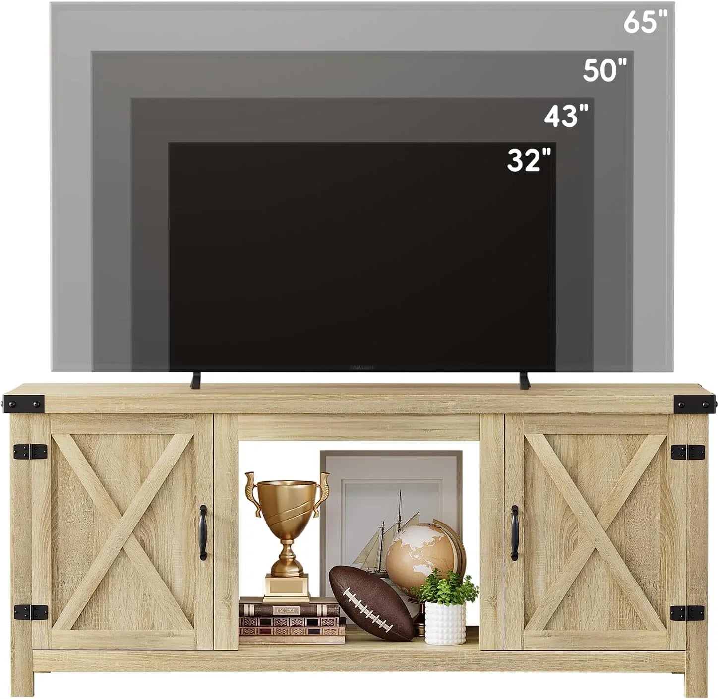 YESHOMY Meuble TV avec cheminée et deux portes de grange, armoires de rangement pour téléviseurs jusqu'à 65 pouces et plus, console de divertissement, meuble multimédia pour salon, 58 pouces