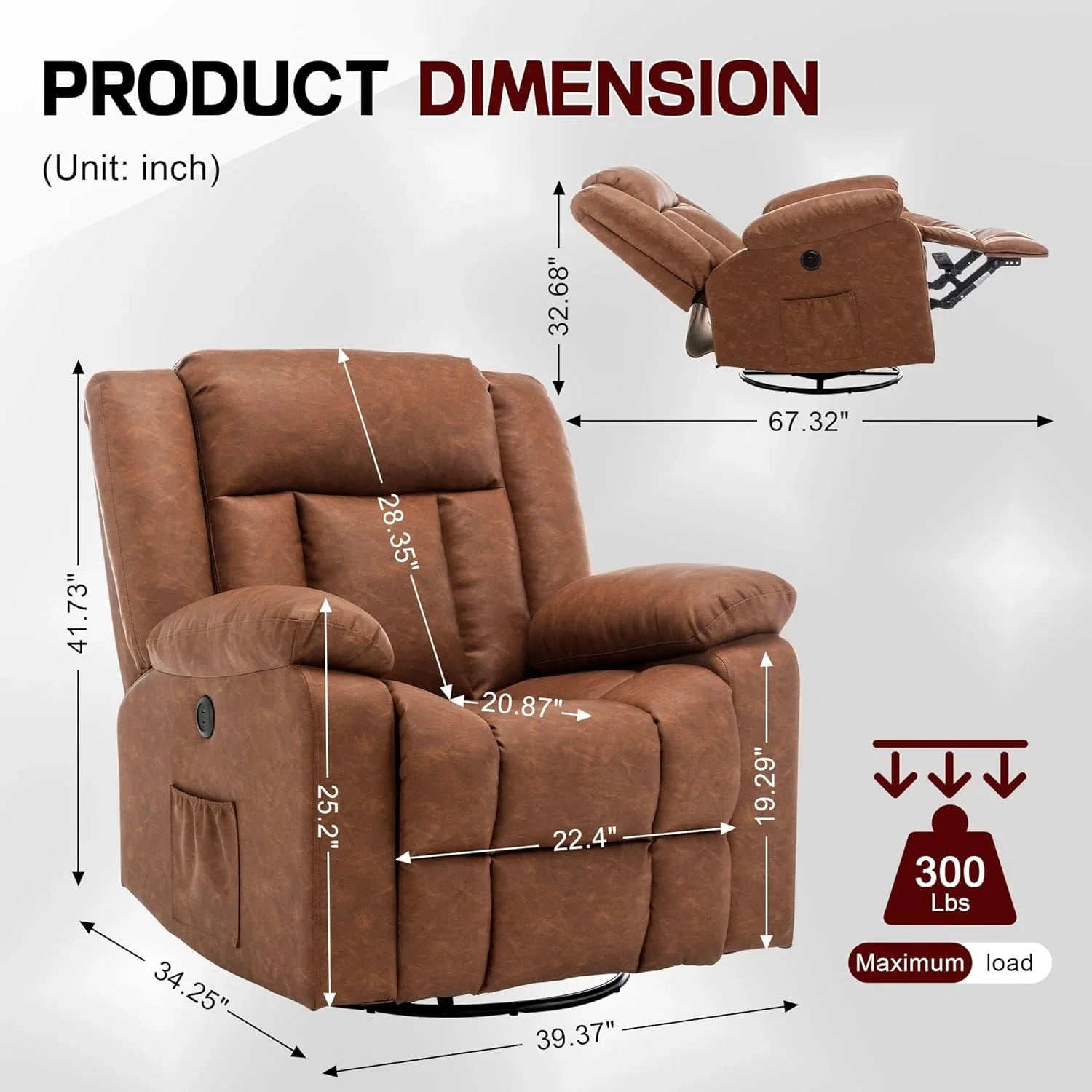 Fauteuil à bascule pour adulte, fauteuil inclinable coulissant, fauteuil à bascule rotatif à 360° avec fonction massage et chauffage