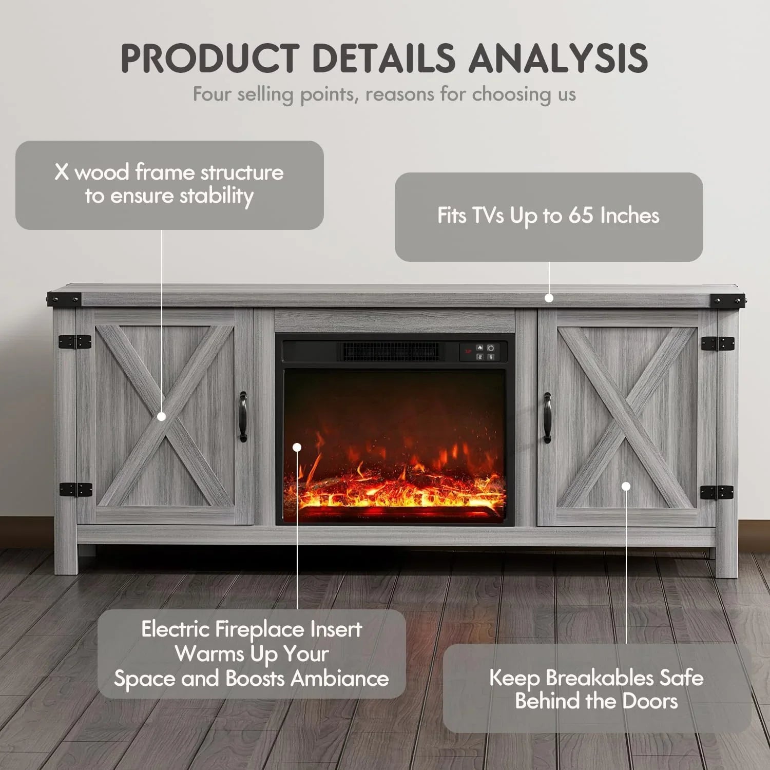 YESHOMY Meuble TV avec cheminée et deux portes de grange, armoires de rangement pour téléviseurs jusqu'à 65 pouces et plus, console de divertissement, meuble multimédia pour salon, 58 pouces