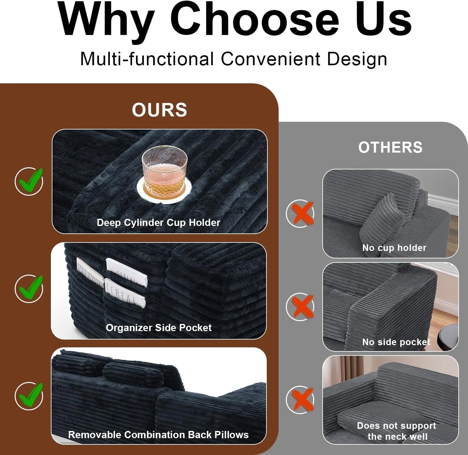 Canapé sectionnel Cloud avec méridienne en L, canapé modulaire moderne avec assise profonde, porte-gobelet intégré et poche de rangement