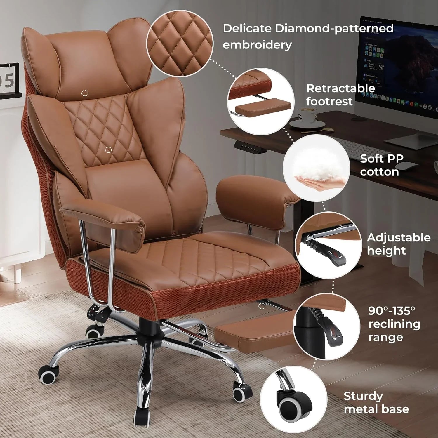 Grande chaise de bureau à dossier haut, chaise de jeu en cuir à dossier haut avec repose-pieds