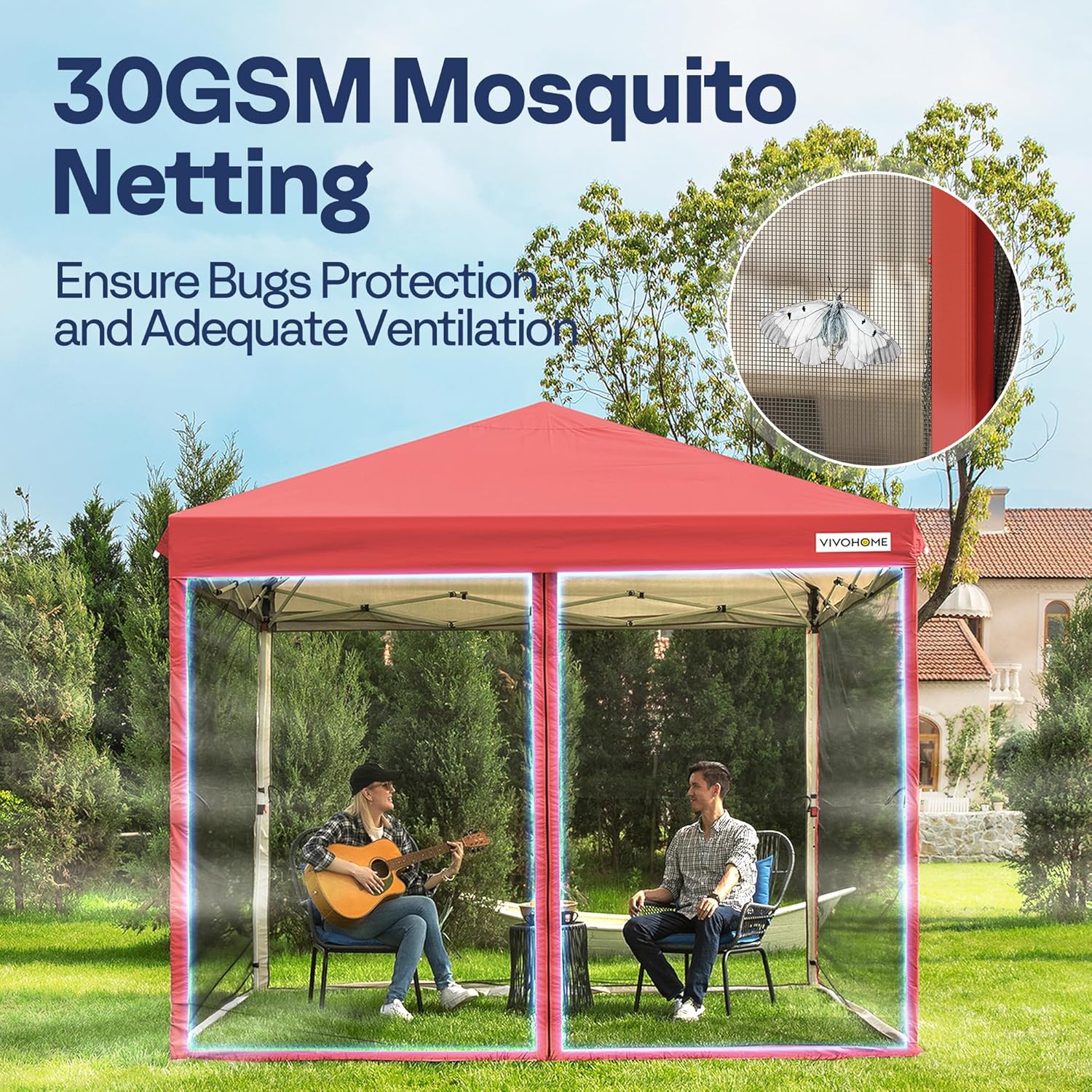 Auvent escamotable facile à monter de 10 x 10 pieds, tente moustiquaire d'extérieur avec moustiquaire, 2 portes à glissière et sac à roulettes