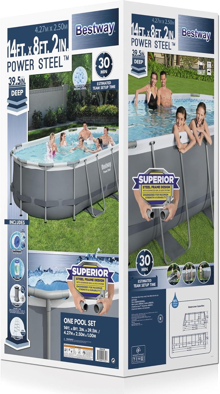 Piscine hors sol ovale Power Steel 4,3 m x 2,4 m x 100 cm | Comprend une pompe de filtration de 2070 litres, une échelle et un distributeur ChemConnect.
