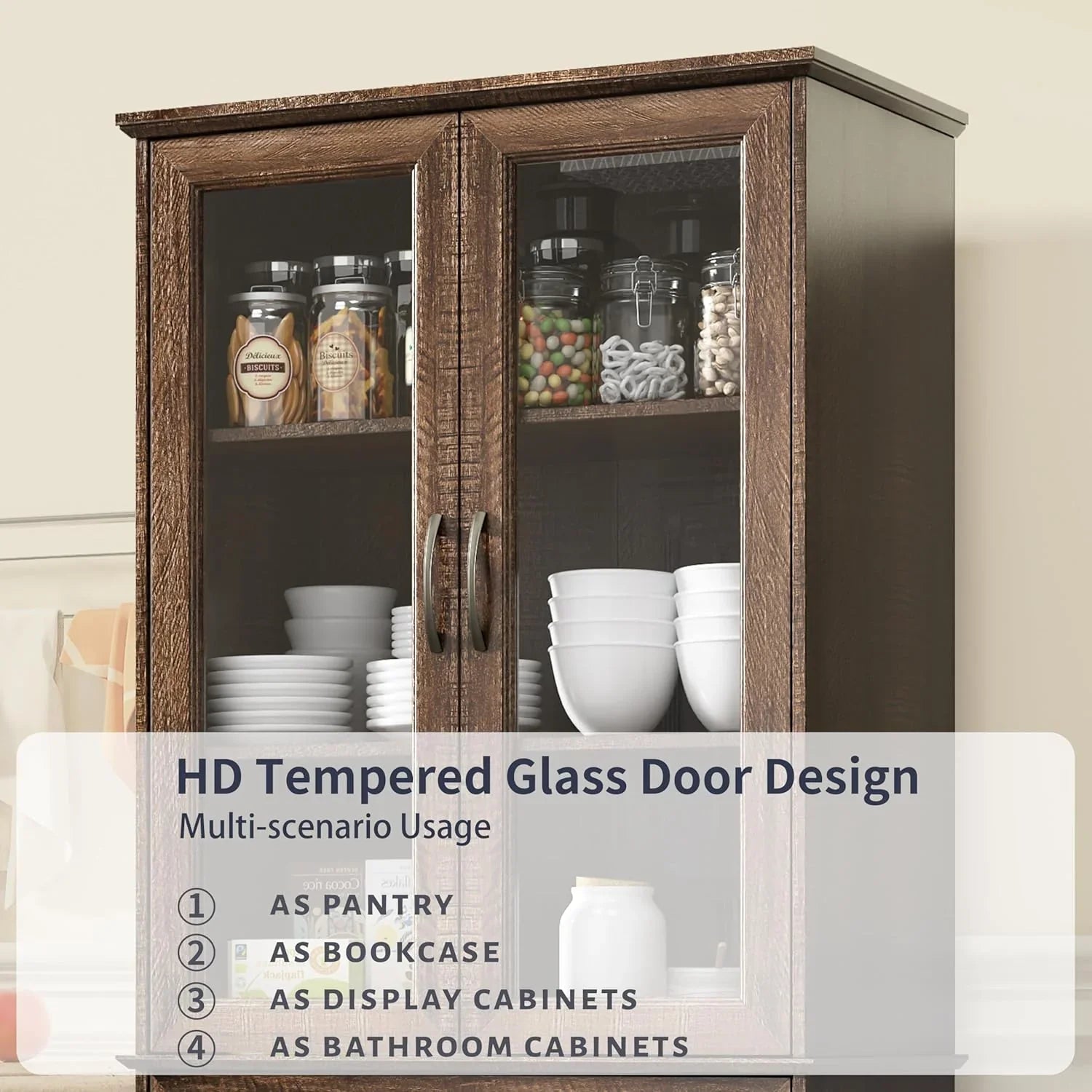 Armoire de garde-manger de 180 cm de haut avec portes vitrées