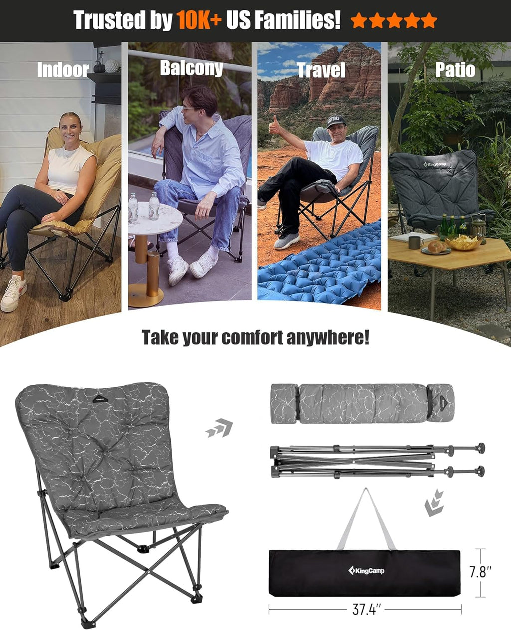 Chaise papillon, chaise de camping extra large, épaisse et confortable, chaise pliante portable, siège robuste de 400 lb