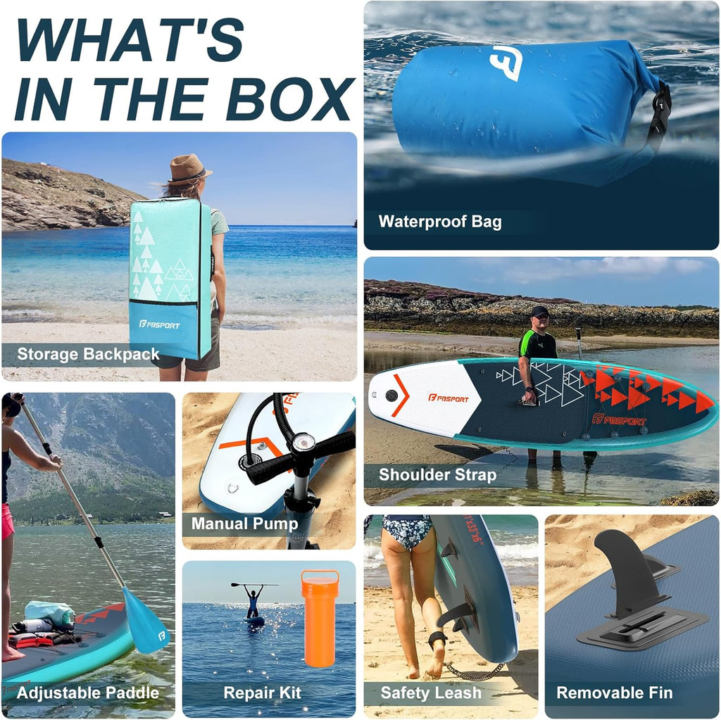 Planche de stand up paddle FBSPORT Premium 11', planche de yoga, contrôle du surf, pont antidérapant, attache, pagaie et pompe