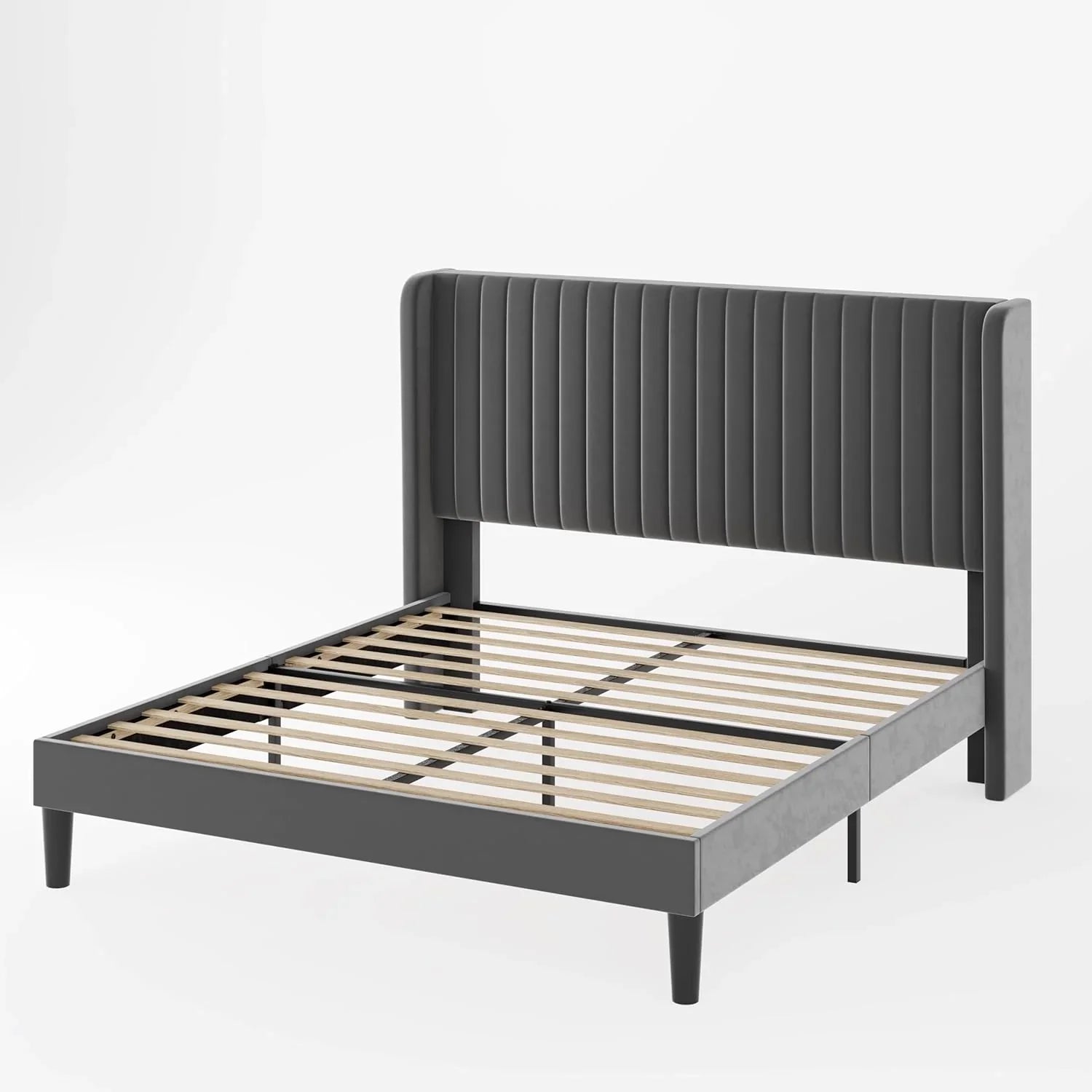 Cadre de lit Allewie en velours pleine grandeur/tête de lit capitonnée à oreilles verticales/lit plateforme rembourré/lattes en bois robustes