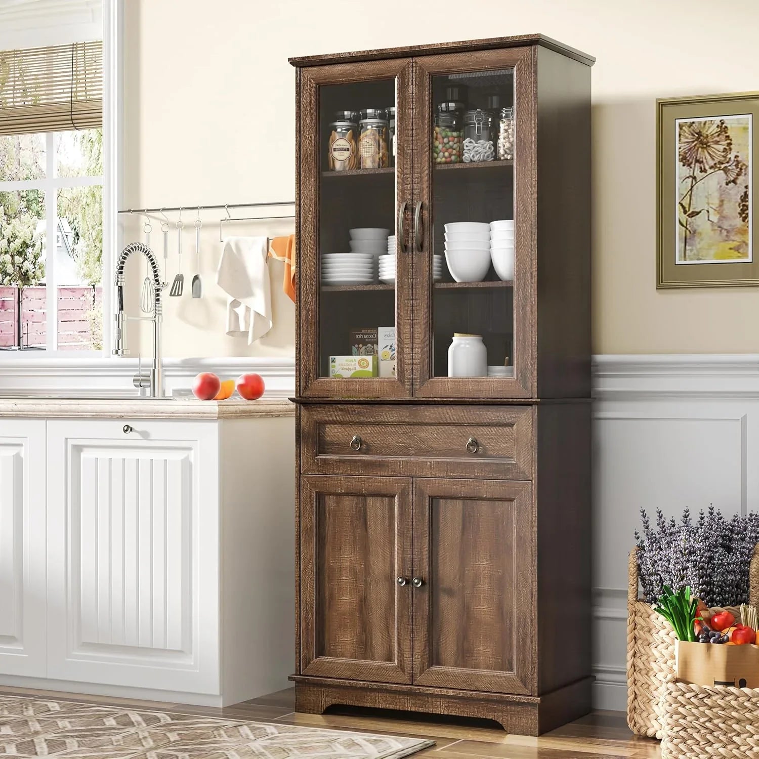 Armoire de garde-manger de 180 cm de haut avec portes vitrées