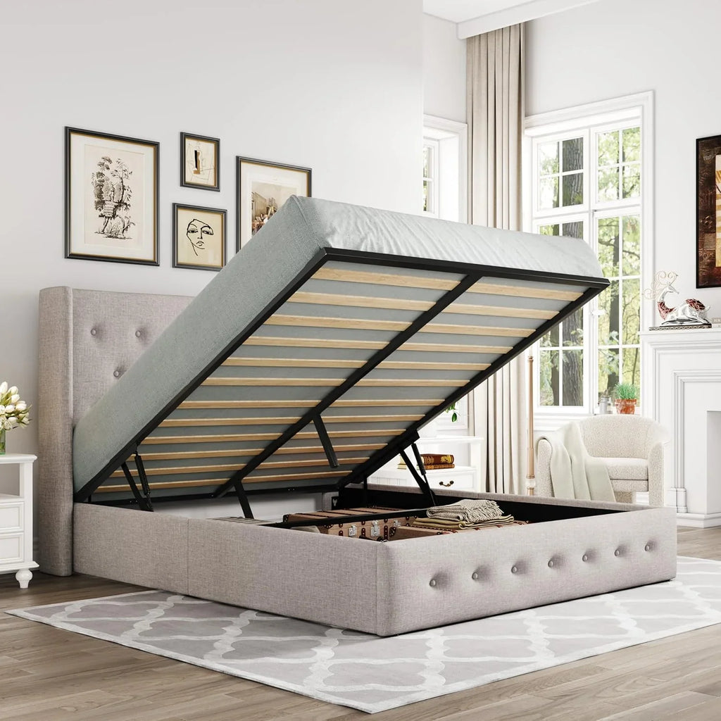 Lit queen-size relevable avec rangement Allewie, tête de lit à oreilles moderne et support hydraulique