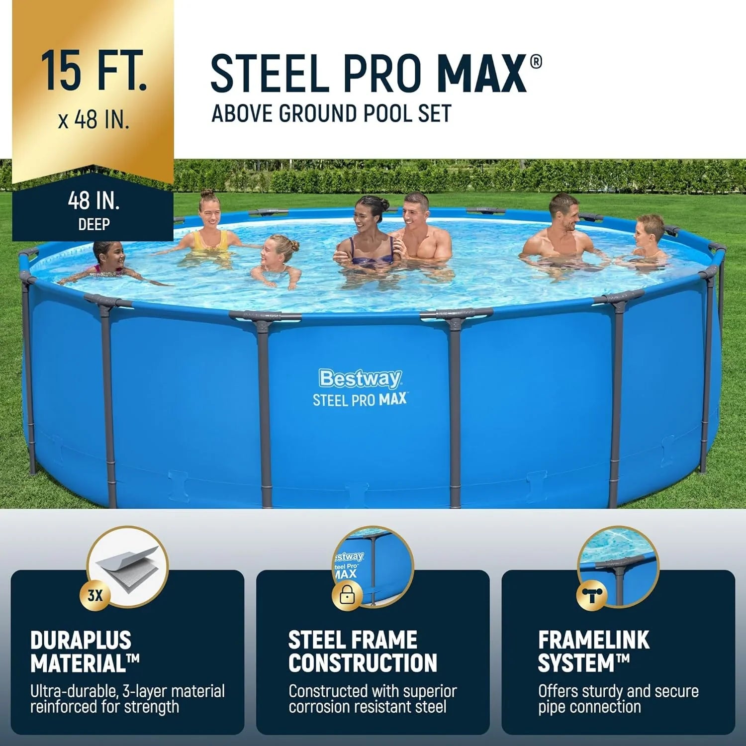 Piscine hors sol extérieure ronde Steel Pro MAX de 4,2 m x 122 cm avec cadre métallique et pompe de filtration de 1 000 litres, échelle et bâche