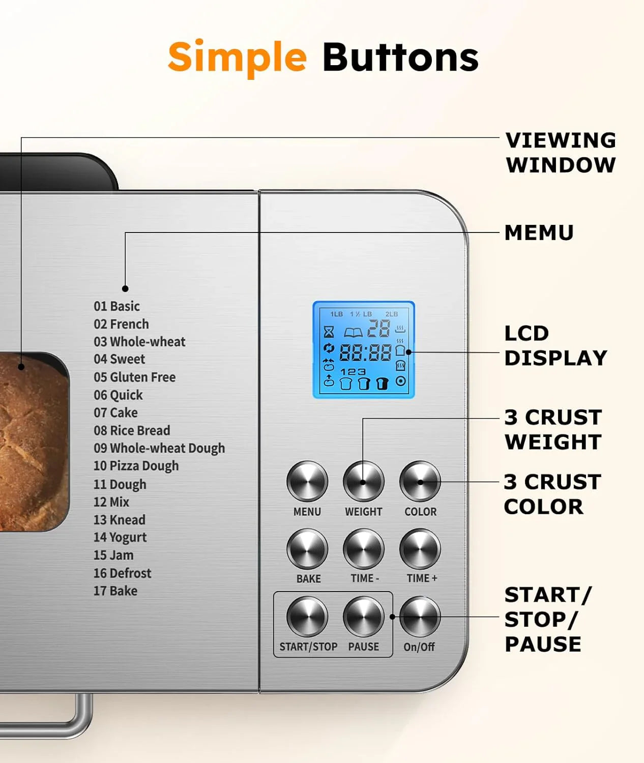 Machine à pain automatique 17 en 1 OSIPOTO en acier inoxydable (2 lb)