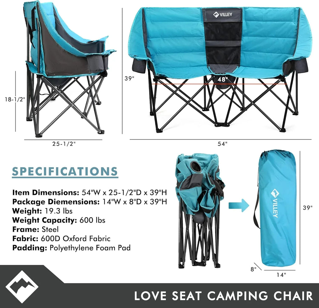 Chaise de camping double (avec sac isotherme), causeuse extra large, canapé de camping rembourré robuste, chaise pliante portable