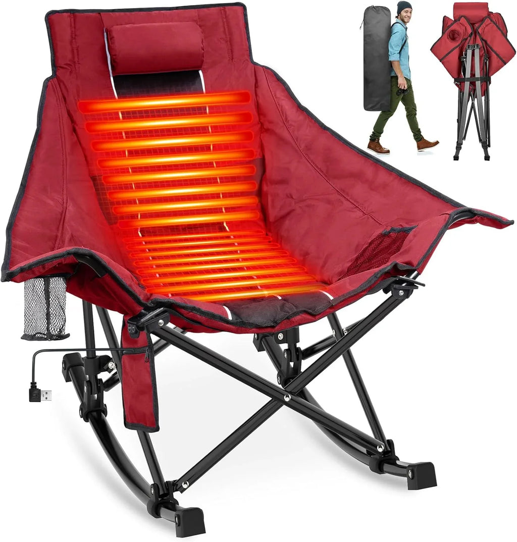 Chaise de camping chauffante, chaise de sport d'extérieur extra large avec 3 niveaux de chaleur sur le dossier et l'assise, chaise d'extérieur chauffante pliante portable (piles non incluses)