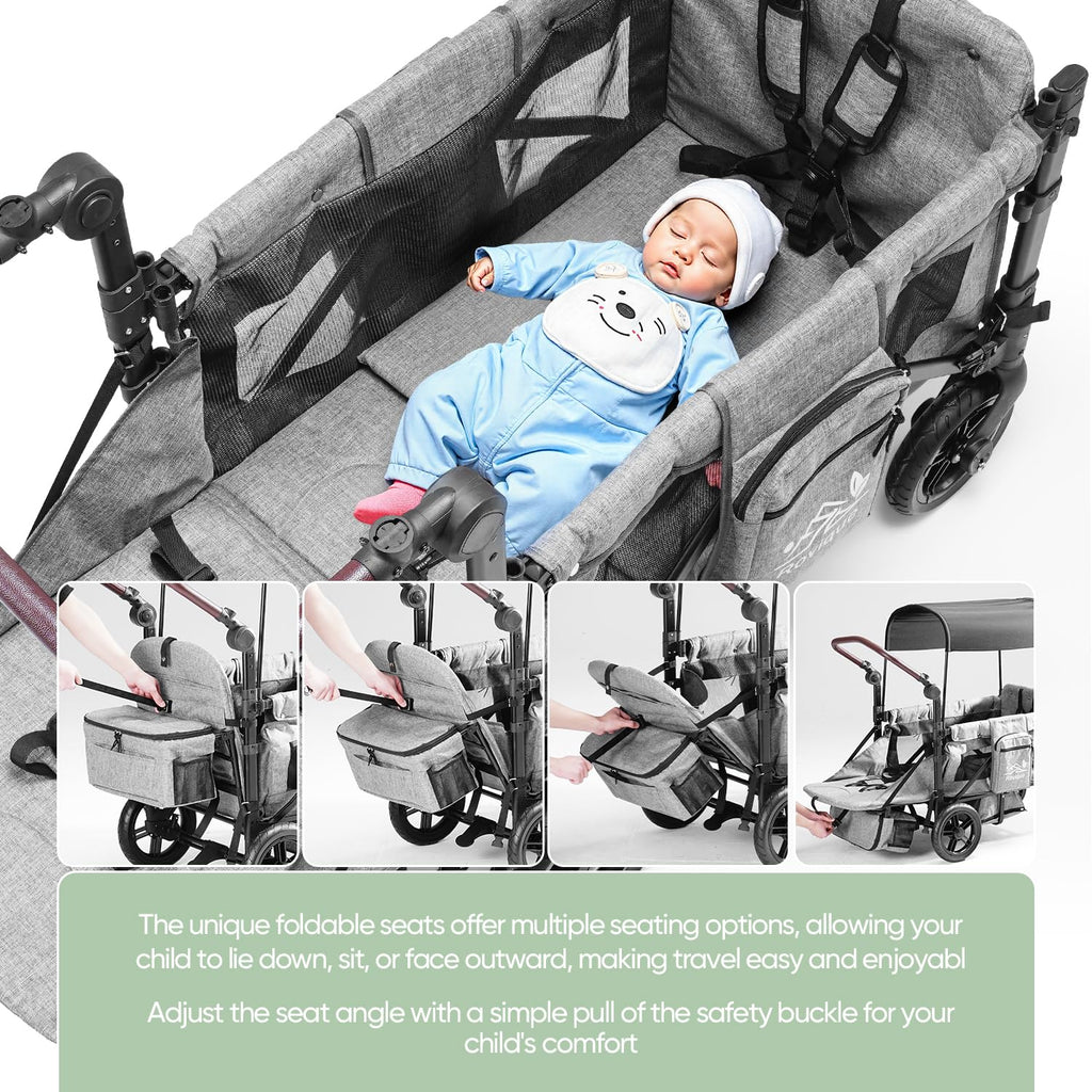Poussette Wagon pour 2 enfants, poussette premium pour enfants avec auvent amovible, plateau à goûter et couffin convertible